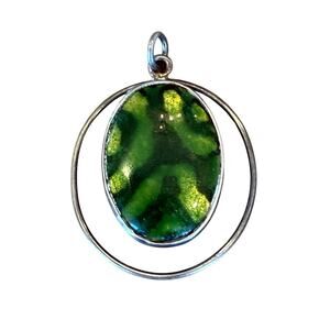 Mid Century Modern Israel Sterling Silver 925 Pendant Green Glass 7.2 Grams